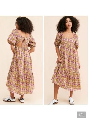 MinkPink‎ Women's Yasamin Printed Puff-Sleeve Open-Back Tiered Midi Dress Small
